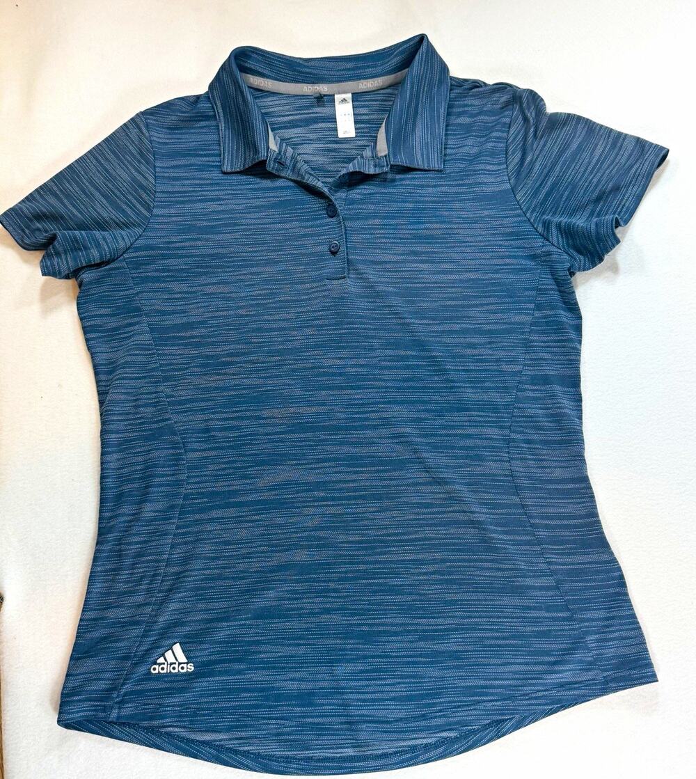 Adidas Women’s M Blue Heather Stripe Short Sleeve Performance Golf Polo Shirt